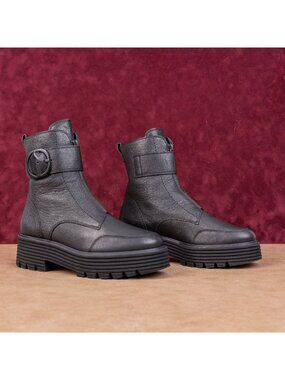 Paul Green Women Palani Black Leather Front Zip Festival Party Boots 7US UK4.5